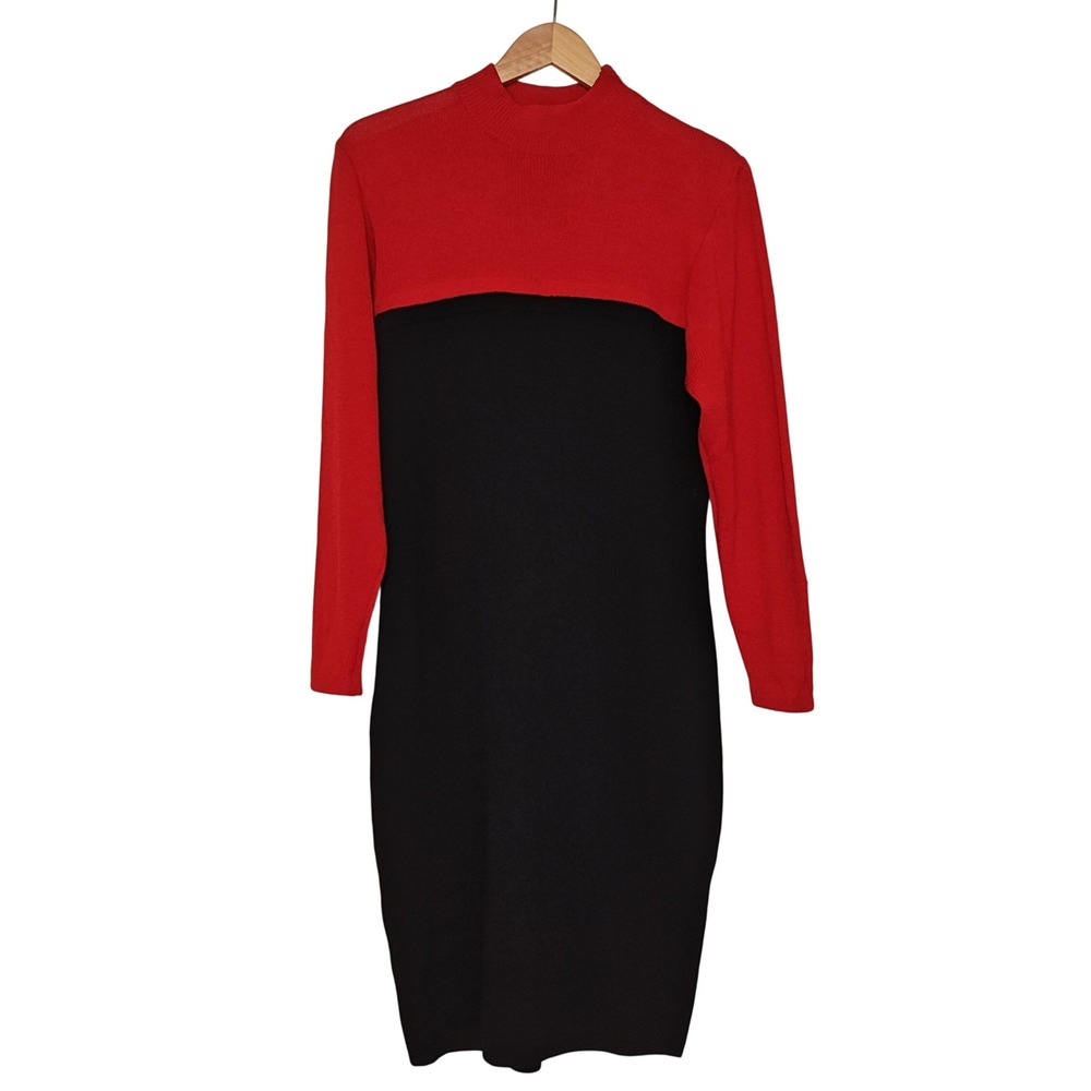 St John Marie Gray Knit Dress Womens 12 Red Black‎ Colorblock Mock Neck Santana